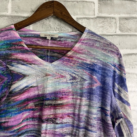 Jess and Jane Artsy Abstract RhinestoneV Neck Lightweight Colorful Blouse Sz XL - Picture 2 of 6
